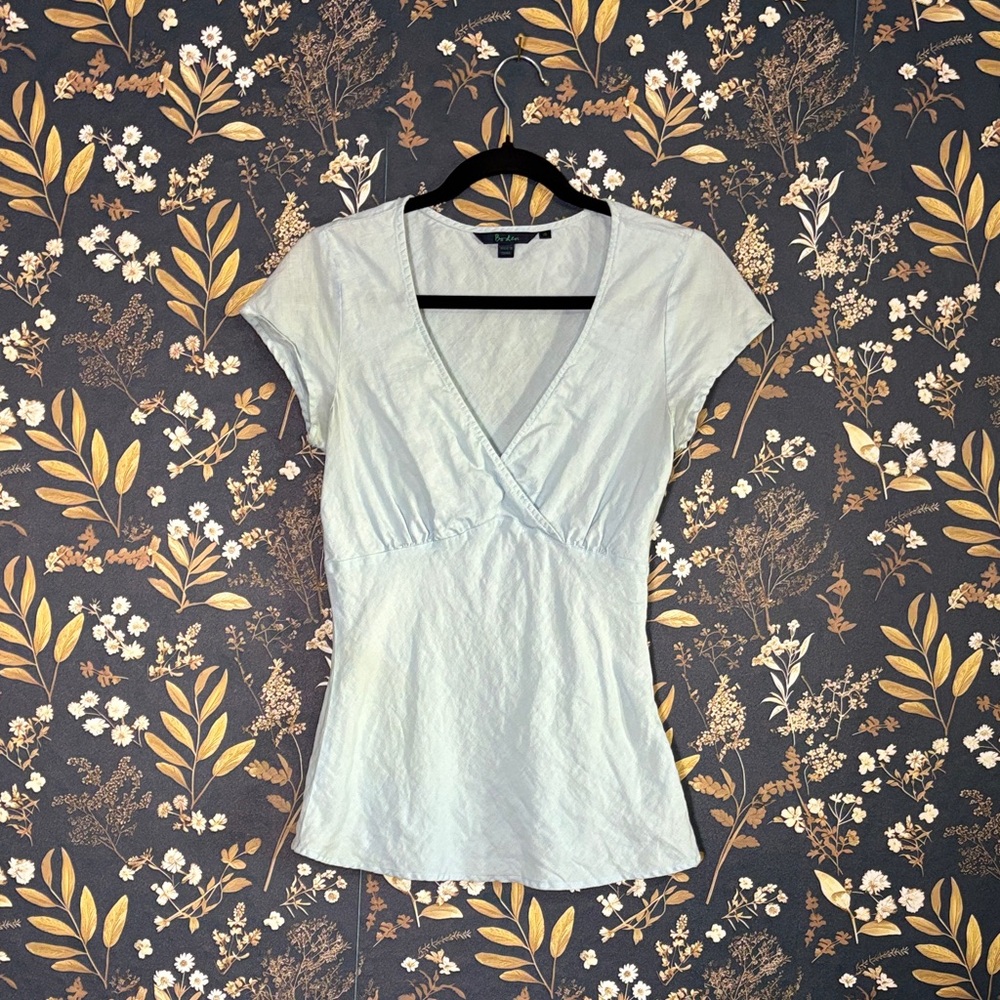 Boden Linen Light Blue Faux Wrap Top Blouse Size 6